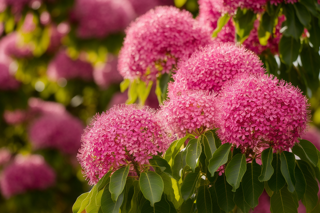 arbre-pompon-fleurs-roses-feuilles