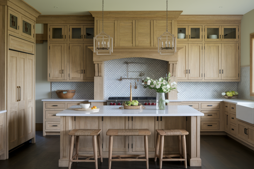 cuisine-chene-rustique-poignees-luminaires-credence