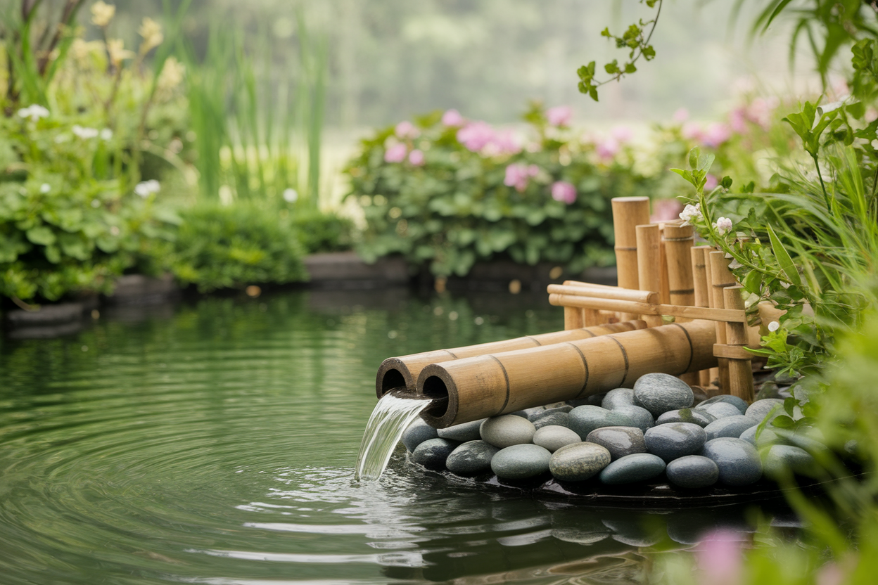 etang-pompe-bambou-pierres-jardin-fleuri