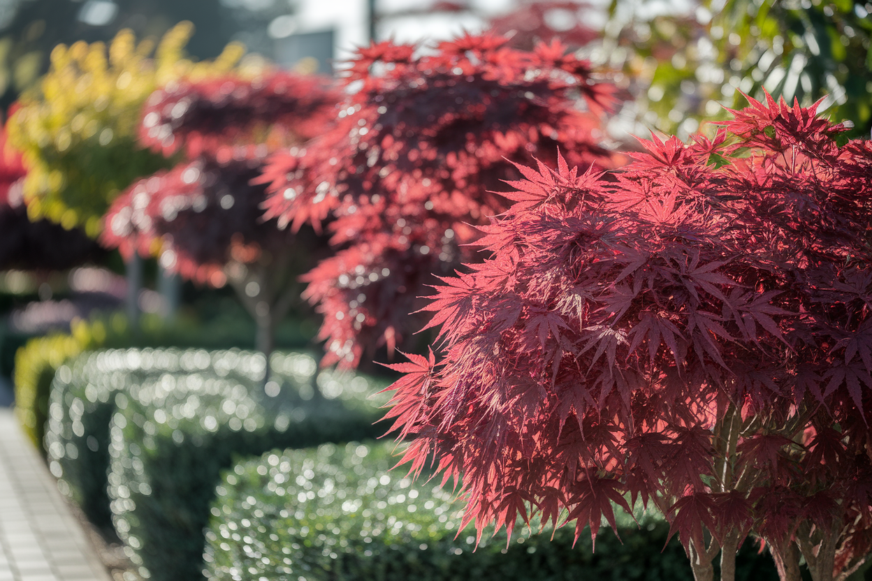 jardin-pepiniere-arbre-feuillage-rouge-soleil