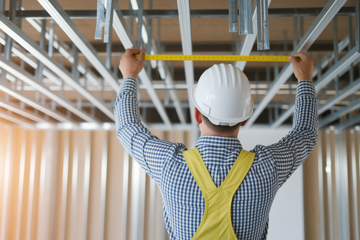 ouvrier-mesure-plafond-chantier