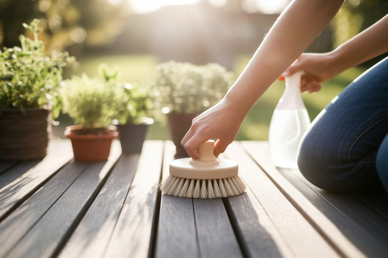 personne-agenouillee-terrasse-bois-brosse