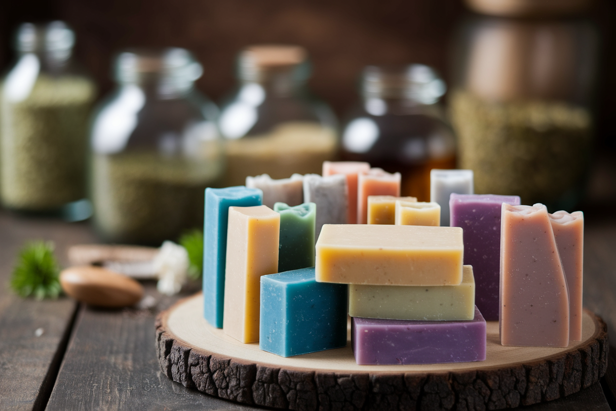 savons-artisanaux-colores-table-bois