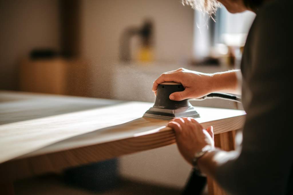 personne-poncage-table-bois-poussiere