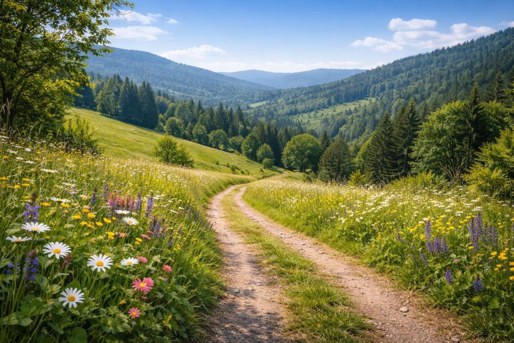 collines-verdoyantes-chemin-fleurs-foret