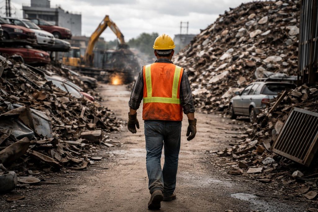 depot-ferraille-travailleur-metal-voitures