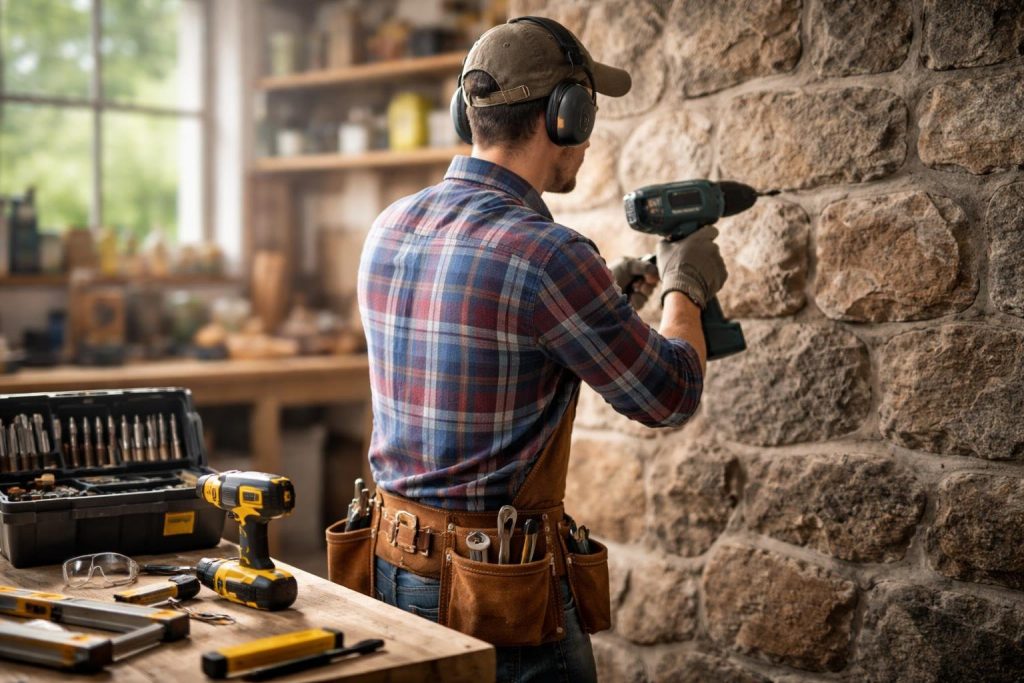 personne-tenue-bricolage-mur-pierre