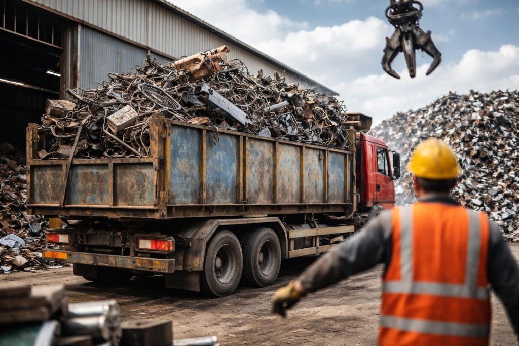 camion-ferrailleur-metaux-entrepot-ferraille