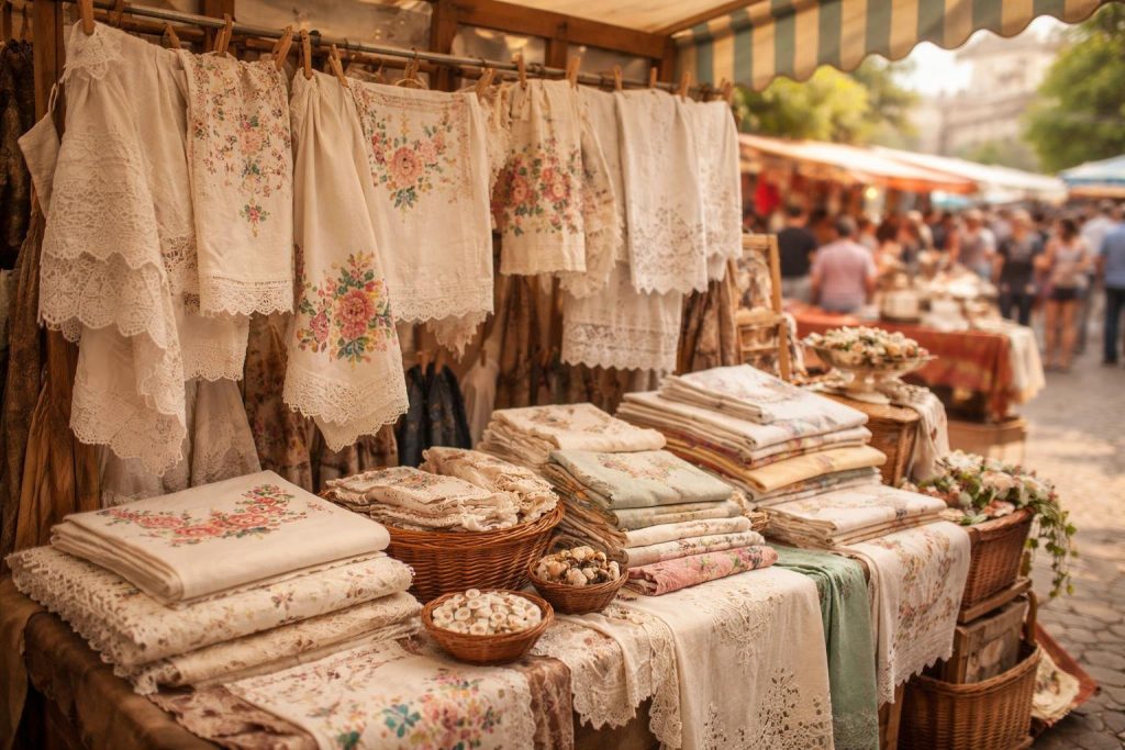etallage-brocante-linge-ancien-brode