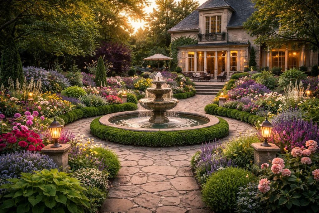 jardin-allee-fleurs-fontaine-maison