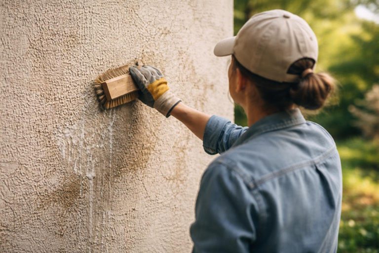 personne-nettoyage-mur-crepi-jardin