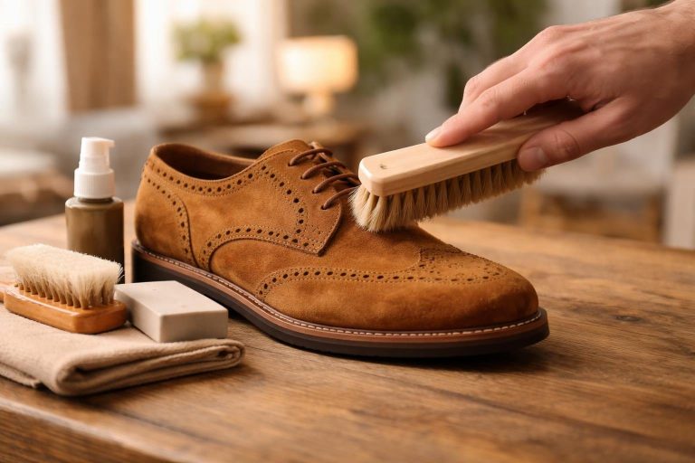 chaussures-daim-table-brosse-main