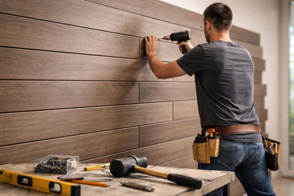 personne-lambris-bois-composite-mur
