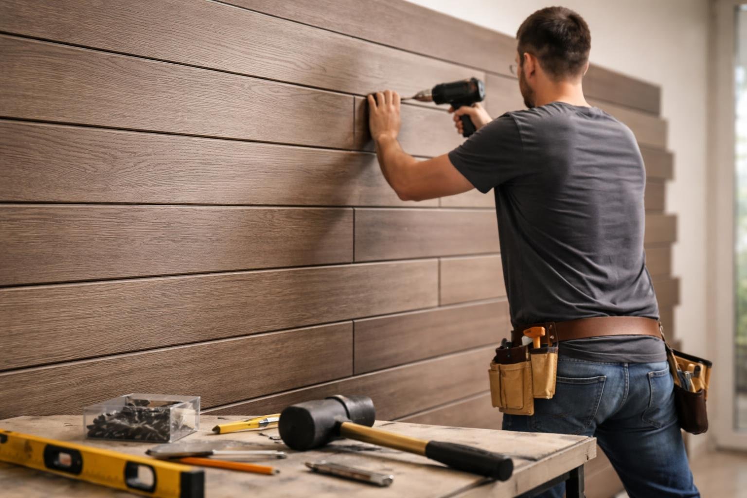 personne-lambris-bois-composite-mur